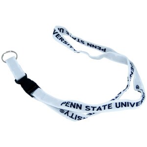 white lanyard with repeating Penn State University